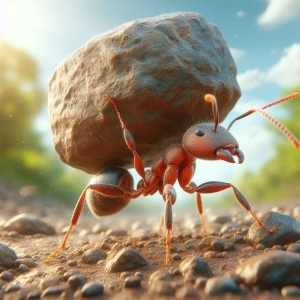 Ant's Herculean Feat: Cartoon Illustration of an Ant Carrying a Massive Rock