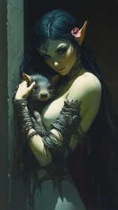 Artistic Depiction of a Fantasy Elf Character Sheltering a Piglet