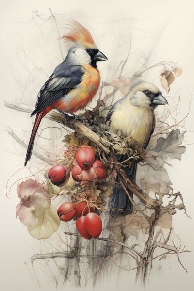 Artistic Portrayal of Birds in Nature: A Vivid Feast of Apples