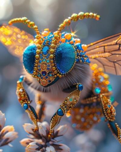 Artistic Representation of a Gemstone-Embellished Bee in a Natural Setting