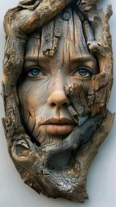 Artistry in Wood: A Facial Sculpture Blending Human Characteristics with Natural Materials