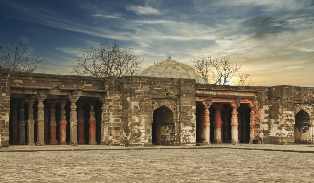 Awe-Inspiring Brown Concrete Mosque in a Fort Complex under the Azure Sky