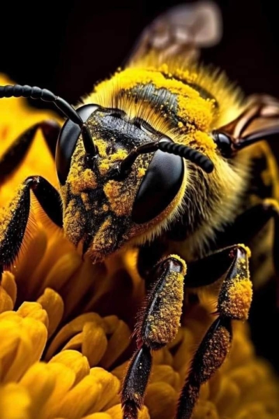 Bee's Intricate Details Captured in a Close-up on a Yellow Blossom
