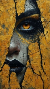 Breaking Through: A Portrait Emerges from Cracked Canvas