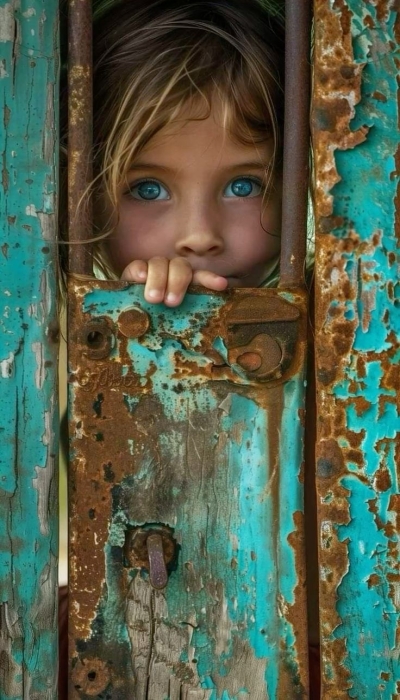 Child's Blue Eyes Peering through Weathered Turquoise Structure