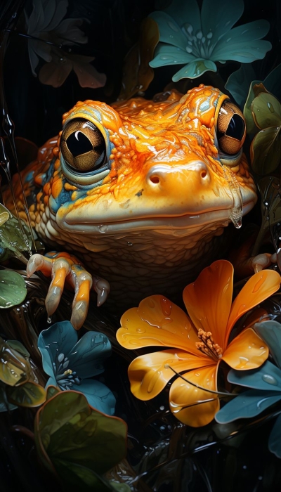 Colorful Harmony: The Orange Frog Amidst Vibrant Flora
