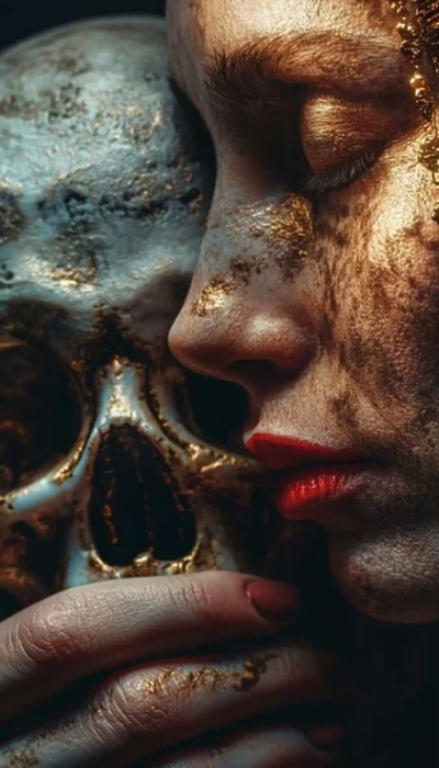 Consciousness Interpreted: A Golden Artistic Blend of Human Features and Skull