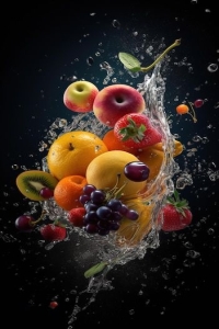 Dynamic Splash of Fresh Fruits in Water: Apples, Oranges, Kiwis and More