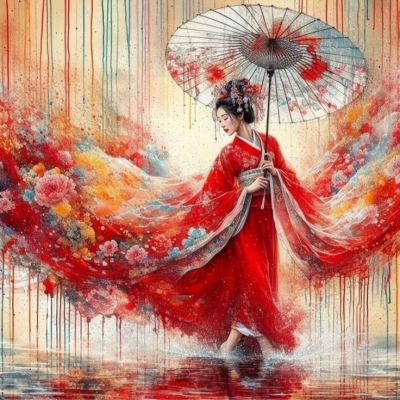 Elegance in Motion: A Woman in a Traditional Red Dress Amidst Vibrant Colors