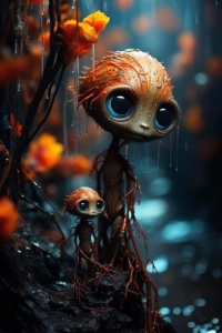 Enchanted Encounter: Whimsical Characters in a Mystical Nature Scene