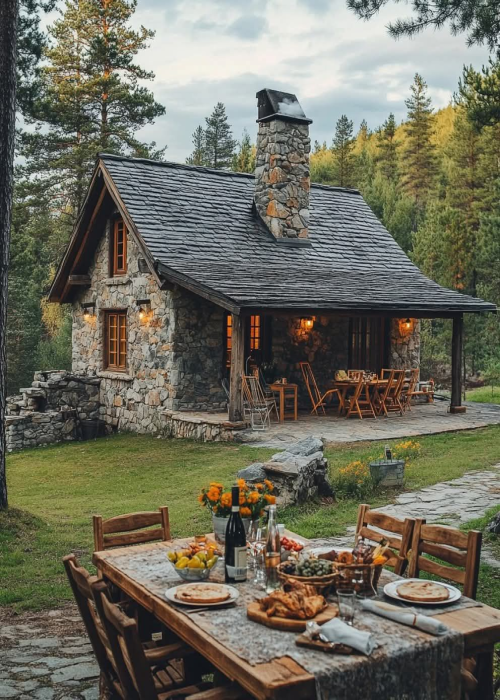 Enchanting Outdoor Dining Experience at a Rustic Stone Cottage