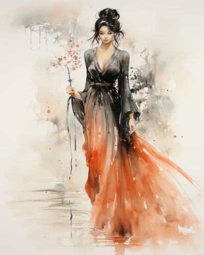Enchantress in Flowing Dress: An Ethereal Artistic Illustration