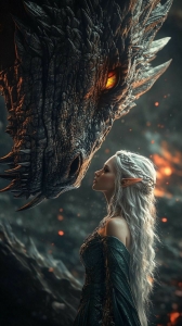 Enthralling Encounter: Dragon and Elf in a Mystical Landscape