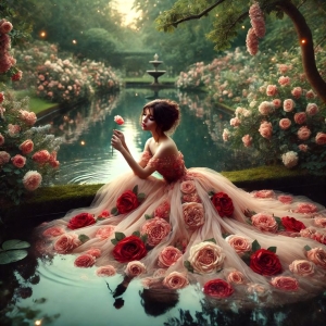 Ethereal Grace: A Woman's Contemplative Moment among Blooming Roses
