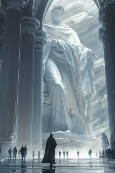 Ethereal Grandeur: Awe-Inspiring Monumental Statue in Illuminated Architectural Space