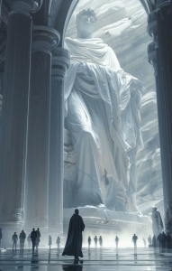 Ethereal Grandeur: Awe-Inspiring Monumental Statue in Illuminated Architectural Space