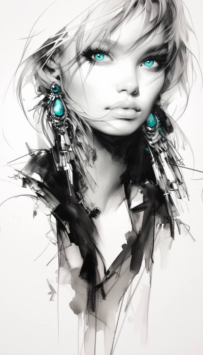 Expressive Fashion Illustration: The Allure of Blue Eyes and Prominent Earrings