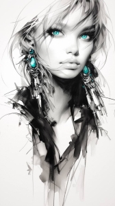 Expressive Fashion Illustration: The Allure of Blue Eyes and Prominent Earrings
