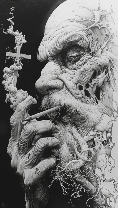 Expressive Illustration of an Elderly Man Engaged in Smoking: Artful Detailing and Dynamic Composition