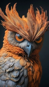Expressive Orange and Gray Owl: A Unique Perspective on Avian Beauty