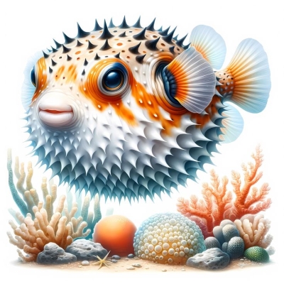 Friendly Cartoon Pufferfish Amongst Vibrant Coral Reef