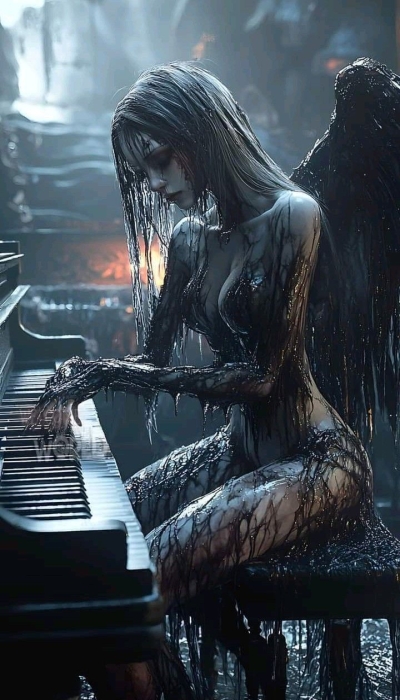 Glossy Serenity: The Piano-Playing Winged Figure in Surreal Art