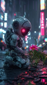 Intersection of Technology and Nature: A Futuristic Robot Encounters A Blooming Flower