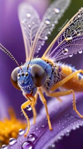 Intricate Close-Up: A Colorful Insect on Dew-Kissed Petals