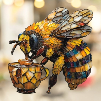 Intricate Stained Glass Art: Colorful Bee Sipping Nectar