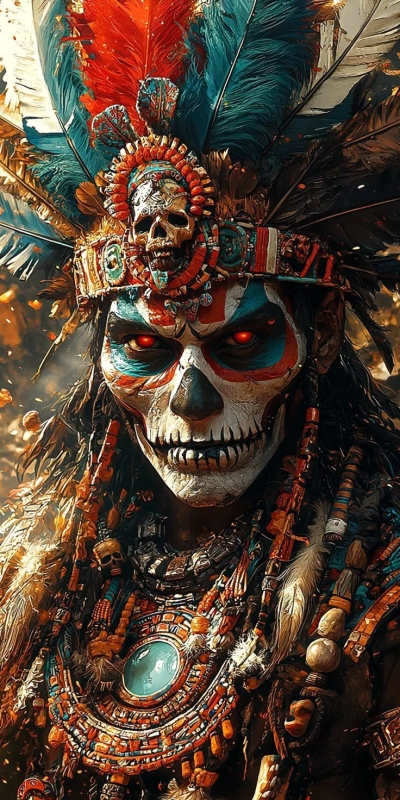 Intricately Adorned Skull Figure: An Enigmatic Blend of Indigenous Rituals and Fantasy