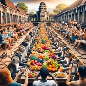 Jigsaw Puzzle Planet's Vision of Angkor Wat - A Vibrant Harmony of Humans, Wildlife, and Ancient Architecture