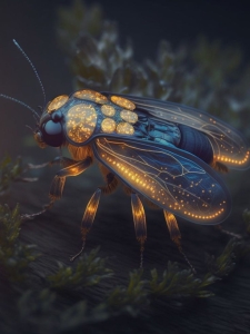 Luminescent Artistry: A Stylized Insect Amidst Foliage