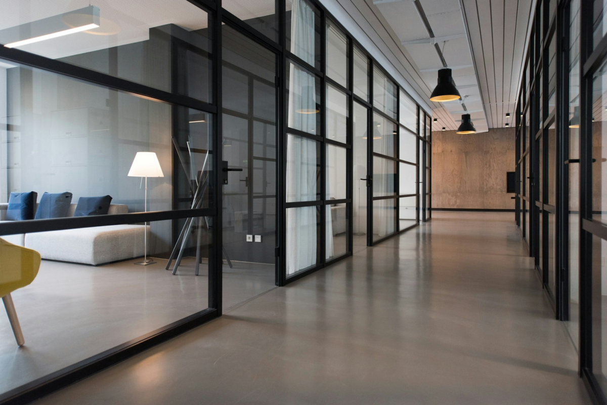 Modern Office Hallway with Glass-Panel Doors