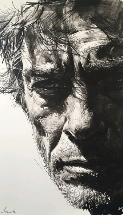 Monochromatic Portrait: Expressive Artistic Representation of a Rugged Man