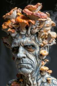 Mystical Blend of Art and Nature: The Mushroom-Bedecked Face Sculpture