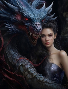 Mystical Encounter: An Intricate Dragon Meets a Striking Woman in a Dark Fantasy World