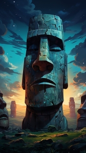 Mystical Sunset with Easter Island Moai Statues