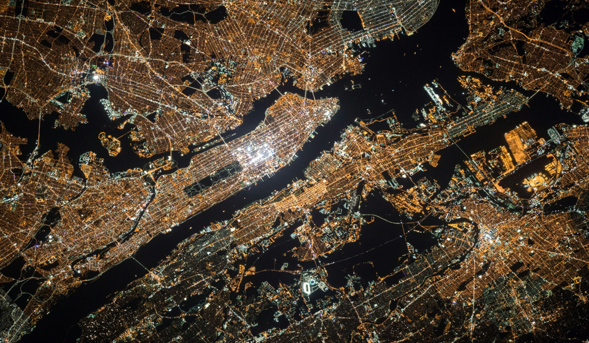 Nighttime Satellite View over Manhattan, New York City