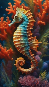 Oceanic Art: Stylized Seahorse Amidst Vibrant Coral
