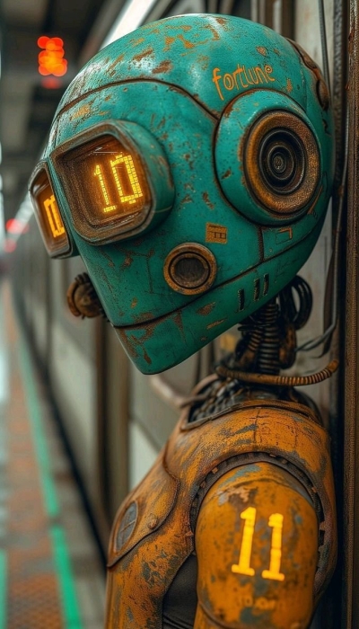 Retro-Futuristic Robot in a Subway Setting: A Blend of Past and Future