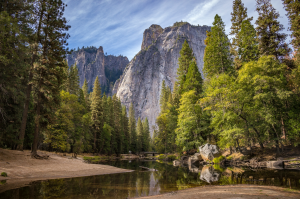 River beneath Yosemite cliffs, Yosemite National Park, United States