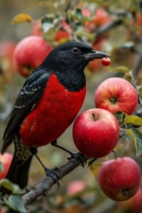 Scarlet Songbird: A Vibrant Encounter in Apple Orchard