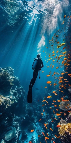 Scuba Diver's Encounter with Sunlit Coral Life
