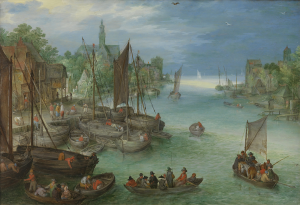 Serene Maritime Life: A Historic Artistic Representation of a City Along a River