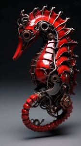 Steampunk Seahorse: A Masterpiece in Red and Metallic Design