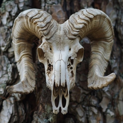 Striking Contrast: Ram Skull on Natural Wood