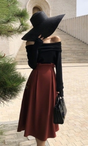 The Chic Artistry of Stylish Outfit Combinations: Off-the-Shoulder Black Top and Burgundy Skirt