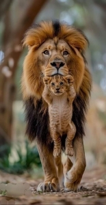 The Gentle Giant: A Lion's Nurturing Behavior in the Wild