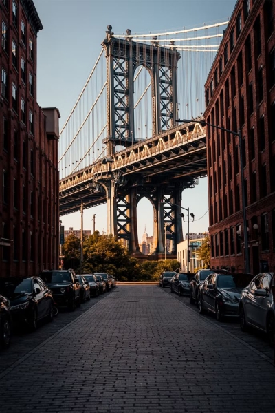 The Grace of Brooklyn: Manhattan Bridge Framed by Urban Streetscape