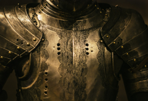 The Intricate Craftsmanship of a Gray Stainless Steel Armor: A Symbol of Spiritual Strength